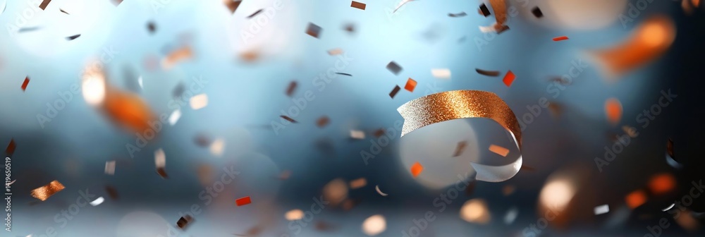 Aufkleber Festive background with blurred bokeh lights and scattered confetti in various colors creating a celebratory atmosphere. Focus on the floating particles with a soft-focus background