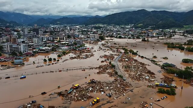 Aerial view of a flooded urban area with debris scattered, showcasing the impact of heavy rain