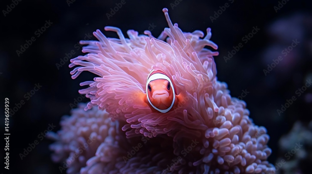 Poster close-up of a vibrant orange and white fish peeking out from a pink anemone with intricate tentacles