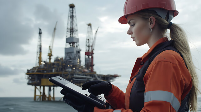 A female offshore worker calibrating offshore sensors. Featuring technical expertise and precision