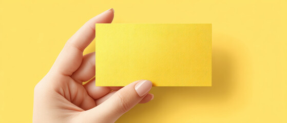hand holds vibrant mockup yellow card against bright yellow background, creating cheerful and inviting atmosphere