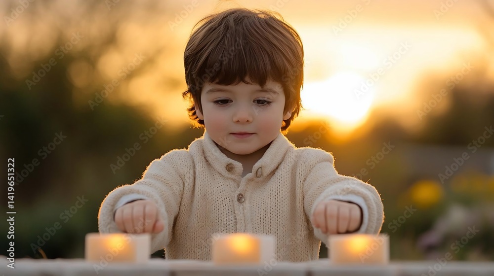 Aufkleber a young child interacts with three lit candles on a table bathed in warm sunlight. the scene is soft