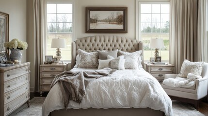 Elegant and cozy bedroom featuring a tufted headboard and neutral tones