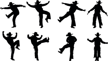 Silhouette of a couple in cowboy hats line dancing