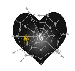 A black heart, a spider and a web of barbed wire. Vector image