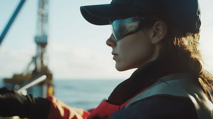 A female offshore worker checking hydraulic equipment on the rig. Featuring mechanical skills and precision