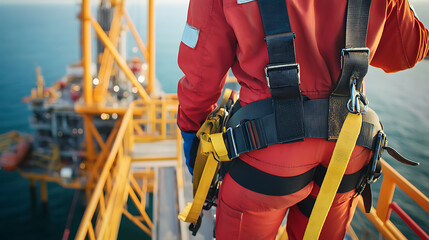 A female offshore worker checking safety harnesses before work. Featuring safety awareness and attention to detail