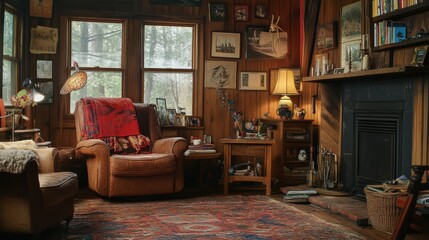 Cozy living room with fireplace and comfortable armchairs