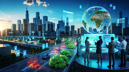 Team analyzes a future city with holographic interfaces globe earth data visualization elements reflecting advanced sustainable technology and global connectivity.