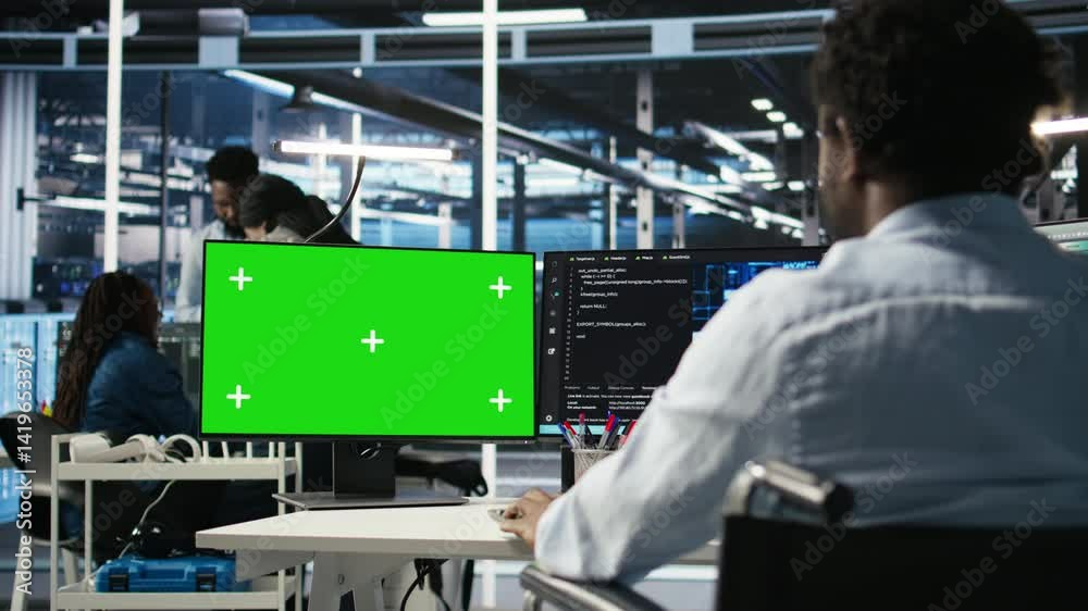 Poster data center engineer with paraplegia using ai deep learning algorithms on green screen pc to analyze