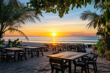Fototapeta premium Sunset dining at beachside tables with palm trees in tranquil setting