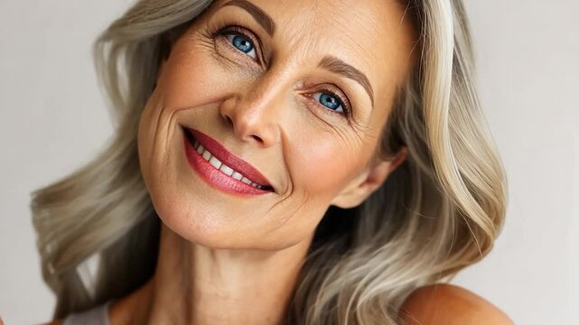 Smiling mature woman with wavy gray hair and vibrant blue eyes