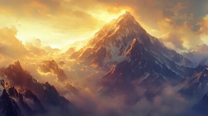 Golden sunset illuminates snowy, majestic mountain range.