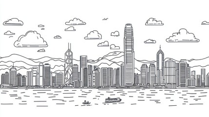 Obraz premium Hong Kong Skyline Line Drawing, Cityscape, Daytime, Urban Scene, for Use in Books or Presentations