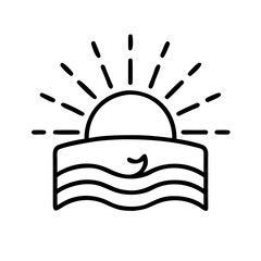 Sunrise ocean waves vector illustration, summer beach sun rays outline graphic design element icon