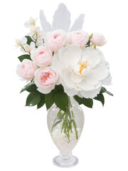 Obraz premium Fairy Tale Romance (Pink Roses White Peonies Orchids) tall, crystal vase with clear water, holding an enchanting bouquet