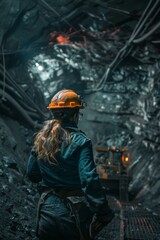 Female miner in dark tunnel
