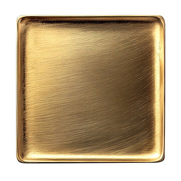 A square brushed gold metal plate with a polished gold border rests, isolated on fully transparent png background