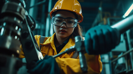 A female offshore worker handling tools in a machinery room. Featuring precision and technical expertise
