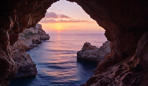 Serene sunset view through rocky cave overlooking calm sea
