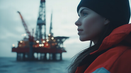 A female offshore worker inspecting drilling equipment on the platform. Featuring precision and mechanical knowledge
