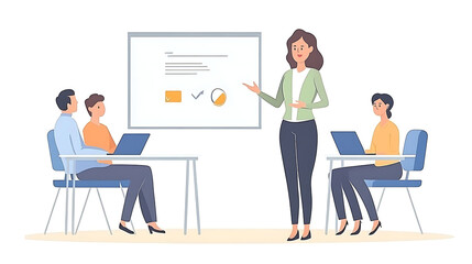 A woman is teaching a group of people in a classroom