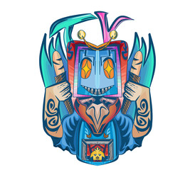 Obraz premium art, culture, balinese, bali, asian, leak, indonesia, design, traditional, indonesian, barong, illustration, mask, dance, asia, symbol, temple, ethnic, god, travel, decoration, vector, face, backgroun