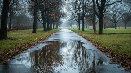 Rainy park path, trees reflected in puddle.