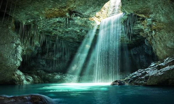 Serene Waterfall Cascading into Crystal Clear Pool in Lush Cave