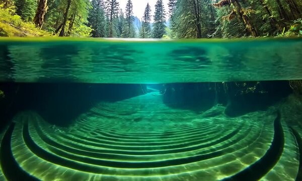 Serene underwater view of rippling water and forest reflections