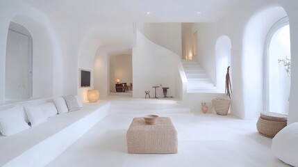 Fototapeta premium Bright white interior features unique architecture and minimalist decor