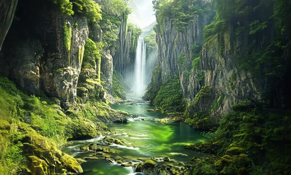Serene waterfall cascading through lush green canyon landscape