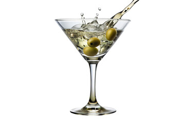 Elegant martini being poured into a crystal glass with ice and olives