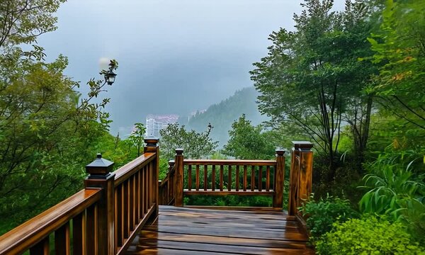 Serene wooden pathway surrounded by lush greenery in misty mountains
