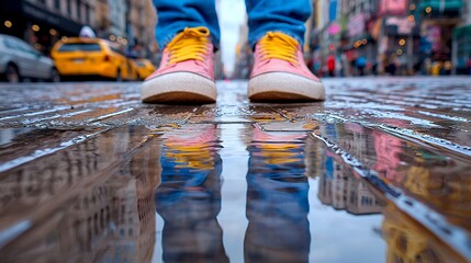 Obraz premium Pink sneakers reflecting cityscape in a rainy puddle