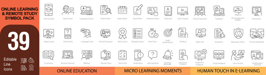 Online Learning & Remote Study Symbol Pack – 39 Editable Line Icons for E-Learning, Micro Lessons & Digital Connection | Vector Set in AI, EPS, SVG | Designed in Adobe Illustrator