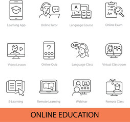 Online Education – 12 Editable Line Icons for E-Learning Platforms, Courses & Virtual Classrooms | Vector Set in AI, EPS, SVG | Designed in Adobe Illustrator