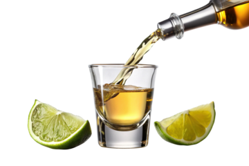 Golden Tequila Being Poured Into a Shot Glass with Lime Wedges Nearby