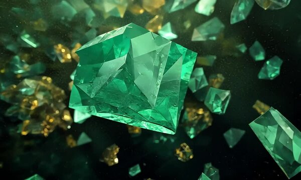 Stunning emerald gemstones floating in a mystical green background