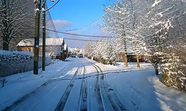Snow-covered street in a quiet village, with trees lining the road