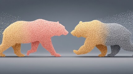Pixelated Bears Face Off Symbolizing Market Trends in Orange and Yellow on Grey