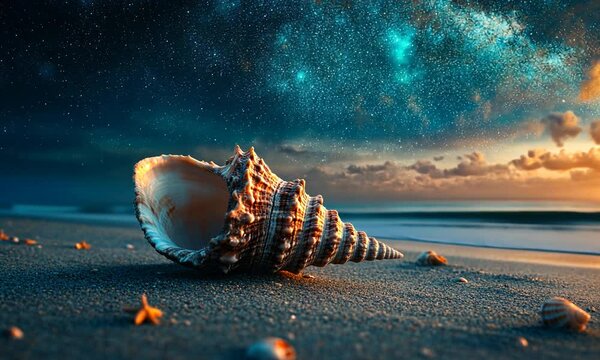 Stunning seashell on a sandy beach under a starry sky at dusk