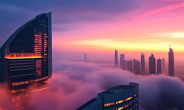 Stunning sunset over a city skyline with clouds and buildings