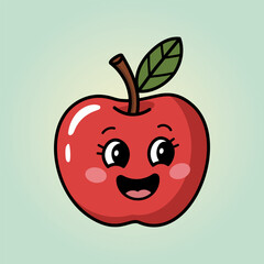 Cute Red Apple with Kawaii Face – Smiling Fruit Character for Kids, Vector Clipart