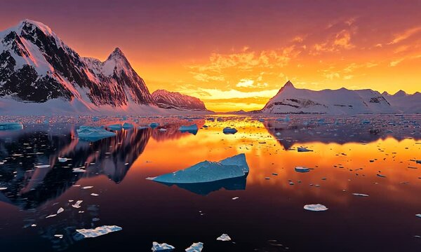 Stunning sunset over icy mountains and reflective waters in Antarctica
