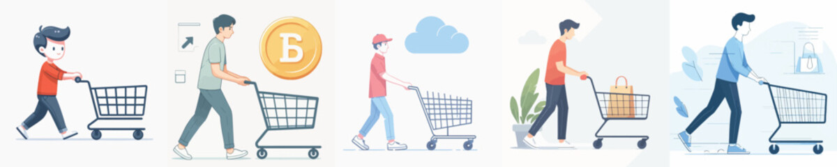 vector collection of young people pushing a trolley