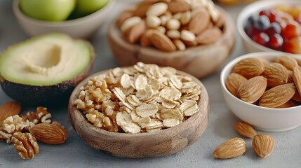 Fototapeta premium Assorted Nuts And Oats Healthy Food Display