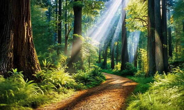 Sunlight Streaming Through Trees on a Serene Forest Pathway