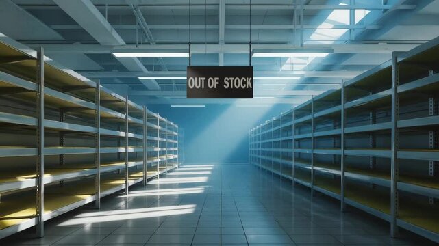 This image showcases an empty retail shelf with an "Out of Stock" sign prominently displayed. Bright light filters through the store, emphasizing the lack of inventory in the aisle.