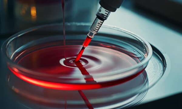 Syringe Injecting Red Liquid into Petri Dish in Laboratory Setting